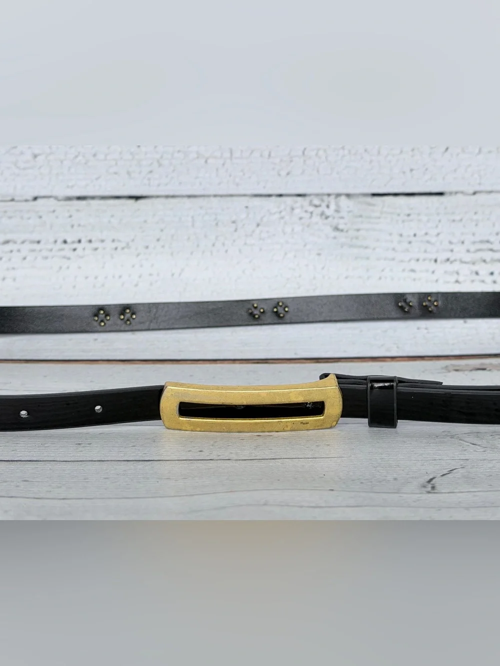 Women's Black Leather Belt with Gold Slide Buckle